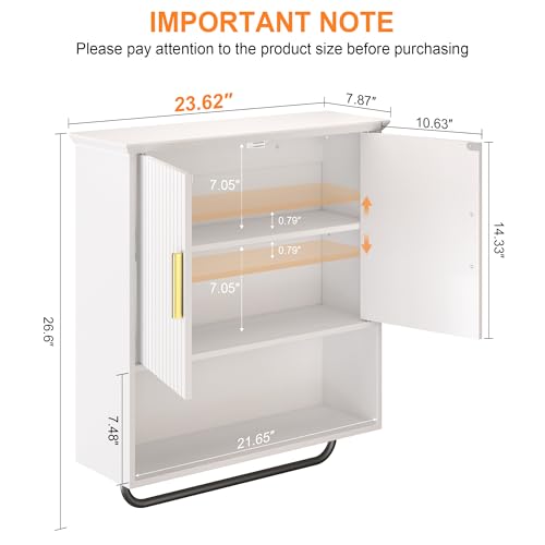 Bathroom Wall Cabinet with Towel Bar, 2 Doors & Adjustable Shelves - Space Saving Wood Wall Mounted Medicine Cabinet Storage Organizer for Bathroom, Laundry, Kitchen, Living Room (White) - color: White, size: 7.87"D x 23.6"W x 26.6"H
