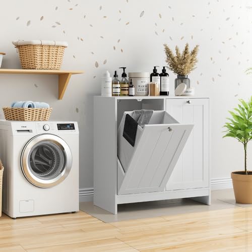 Haotian Tilt Out Trash Can Cabinet, Hidden Trash Can Cabinet with 2 Removable Bags, Double Laundry Hamper Cabinet, Narrow Storage Organizer for Kitchen, Bathroom, and Bedroom White DJ BZR001