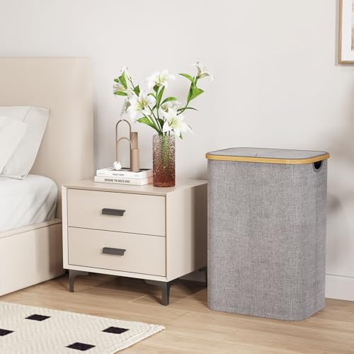 Lifewit 80L Laundry Basket with Lid, Clothes Hampers for Laundry with Bamboo Handles and 1 Removable Bag, Large Foldable Laundry Hamper for Bedroom, Bathroom, Dorm, Laundry Room, Light Gray - color: Light Gray, size: 80L