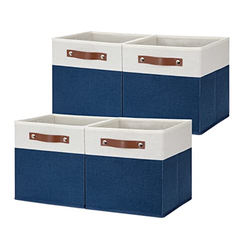HNZIGE Cube Storage Bins Basket for Shelves Set of 4, Fabric Storage Cubes Baskets Closet Storage Bins for Cube with Handles, Cubby Storage Bins Baskets for Organizing Home and Office (White Blue) - color: Blue White, size: 11"x11"x11"-4pack