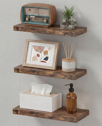 LifetimeWarranty Easy Install Floating Shelves,15.7 Inch Wall Mounted Wooden Floating Shelves, Small Wall Shelf for Storage&Home Decor, Living Room, Kitchen, Office, Corner Shelf for Bathroom,Set of 3 - color: Brown Floating