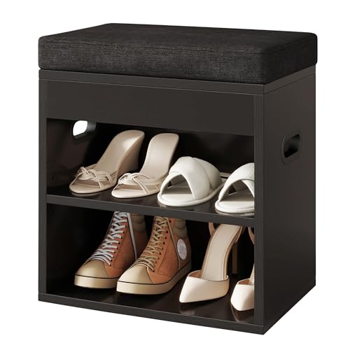YMYNY Small Shoe Storage Bench with Cushion and Drawer, 2 Tier Adjustable Entryway Bench with Storage, Wooden Shoe Rack Bench for Entryway, Living Room, Hallway, Closet, Bedroom, Black, HSC002B - color: Black