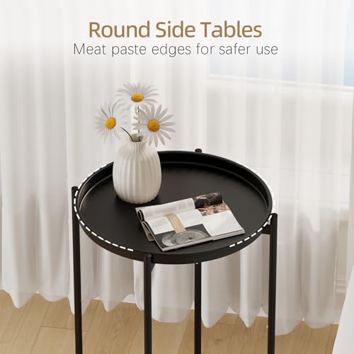 Garden 4 you Small Side Table, Mini Round End Table, Tray Table with Metal Frame, Modern Nightstand for Living Room, Bedroom, Patio, Small Space, Black - color: Black, size: 1 PCS