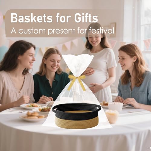 JMvicyroam Woven Basket,Small Rope Storage Bin with Handles & Ribbon Bag, Organizer for Shelves Closets,Gift Basket Empty for Birthday,Books,Dog Toys, Black&Jute - color: Black&Jute, size: 1 Pack