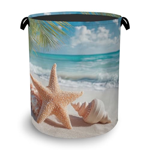 Starfish Shells Laundry Basket,Beach Oxford Cloth Laundry Hamper with Handle Foldable Portable Clothes Storage Basket for Bathroom Bedroom Dorm Room 16" x 20.8" - color: Starfish Shells Beach