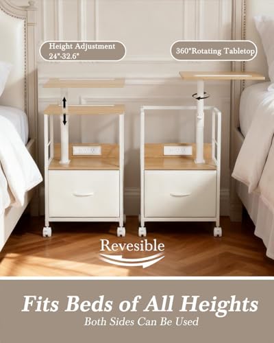 Faesun Swivel Lift Top Nightstand with Charging Station, Rolling Side Table for Recliner, Bedside Table with Wheels & a Fabric Drawer, for Small Spaces, for Bedroom, Living Room, Oak White - color: Oak White, size: 1 Drawer
