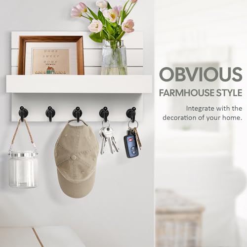 HONJIN Key Holder for Wall: Easy Installation Mail Organizer Wall Mount Hanging Key Rack for Kitchen and Entryway Decor with 5 Sturdy Key Hooks (White) - color: White