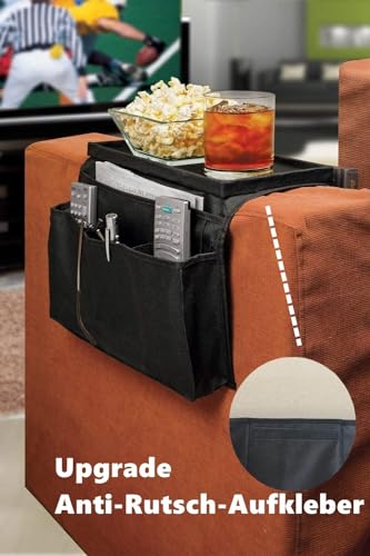 Sofa Armrest Organizer with Cup Holder No-Slip Couch Sofa Armrest Organiser Couch Remote Caddy Control Holder with 1 Large Pockets and 3 Small Pockets for TV Remotes Cellphone Magazines Drinks (Black) - color: Black