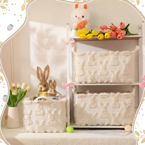 Kathfly Beige Rabbit Storage Baskets Easter Bunny Laundry Basket Plush Faux Fur Jacquard Design with Handles Waterproof Storage Bins Fabric Shelf Baskets for Easter Party Decorations - style: Beige Rabbit