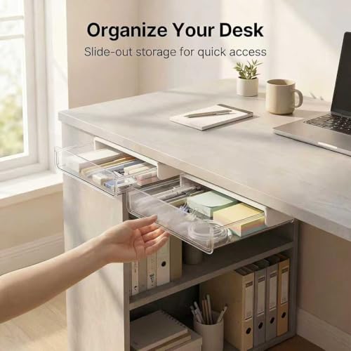 Self-adhesive Under Desk Drawer Organizer, 2 Pack Table Hidden Slide Out Large Storage Mounted Desktop Pencil Holder Tray Drawers for Office Home School Stationery Kitchen (Large, White) - color: Matte White, size: Large