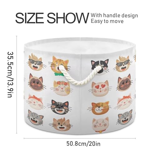 Cat Face Print Round Storage Basket Cute Kitten Large Laundry Hamper 20 x 20 x 14 Inches Organizer Bin with Cotton Rope Handles Clothes Storage Bag for Nursery Bedroom Living Room Decor - color: White