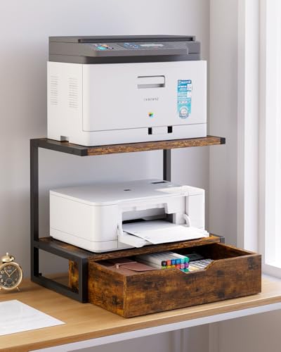 IBUYKE 2 Tier Desktop Printer Stand,Printer Table with Storage Shelf,Multi-Purpose Desk Organizer for Folders,Books,for Fax Machine, Scanner,Home Office,Brown TLJ015H - color: Brown