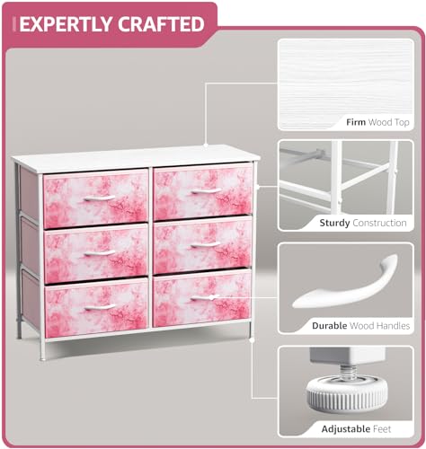 Sorbus Kids Dresser with 6 Drawers - Storage Chest Organizer Unit with Steel Frame, Wood Top & Handles, Tie-dye Fabric Bins for Clothes - Wide Furniture for Bedroom Hallway Kids Room Nursery & Closet - color: Pink Tie Dye, style: 6-Drawer