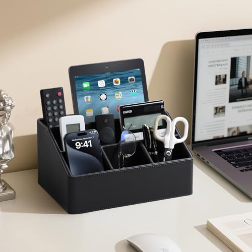 PU Leather Desk Organizer, Luxury Remote Control Holder for Home, Office Desk Accessories Table Caddy Bedside Nightstand Organizer (Black) - color: Black