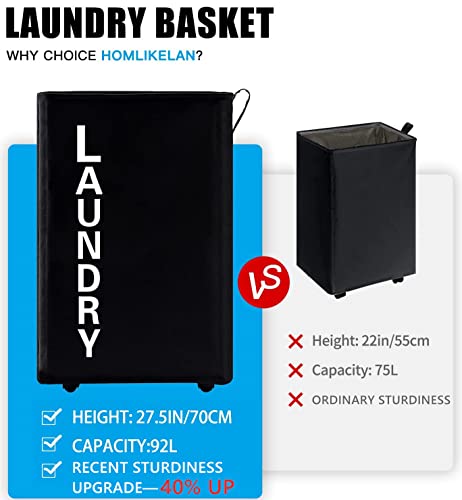 92L Extra Large Rolling Laundry Basket with Leather Handle,Tall Laundry Hamper on Wheels,Laundry Bin,Rolling Laundry Cart Black - color: Black/XXL, size: Super Large 27.5"