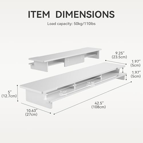 Monitor Stand Dual Monitor Stand Riser for Desk,Wood Desk Shelf Storage Organizer with Phone Tablet Holder (42.5 Inch, White)