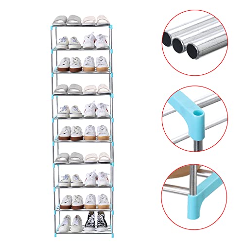 Jucaifu Stackable Small Shoe Rack, Entryway, Hallway and Closet Space Saving Storage and Organization (10-Tier, Blue) - color: Blue, size: 10-Tier
