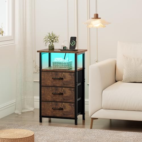 Vagusicc Night Stand with Charging Station, LED Nightstand for Bedroom, Bedside Table with 3 Fabric Drawers, End Table Side Table with USB Ports and Outlets, Bed Side Table for Bedroom, Rustic Brown - color: Rustic Brown, size: 1 Piece, style: With LEDs
