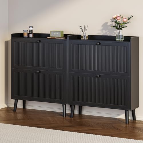 Fluted Shoe Cabinet with 2 Flip Drawers - Shoe Cabinet Storage for Entryway, 31.5" Wide Black Narrow Slim Shoe Rack with 2-Tier Adjustable Shelves for Hallway