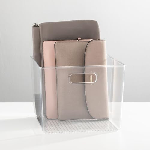 mDesign Small Modern Plastic Storage Organizer Bin Basket with Handles for Home Closet Organization - Shelf, Cubby, Cabinet, and Cupboard Organizing Decor - Ligne Collection - 2 Pack - Clear - size: 10 x 10 x 8 (Pack of 2)