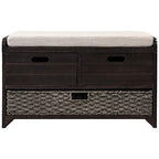 Fully Assembled Solid Acacia Wood Storage Bench - Shoe Organizer with 2 Drawers, Removable Basket & Padded Cushion, Rustic Entryway Bench (Espresso) - color: Espresso