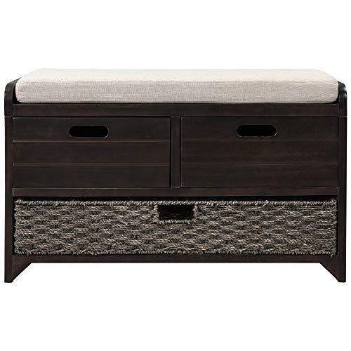 Fully Assembled Solid Acacia Wood Storage Bench - Shoe Organizer with 2 Drawers, Removable Basket & Padded Cushion, Rustic Entryway Bench (Espresso) - color: Espresso