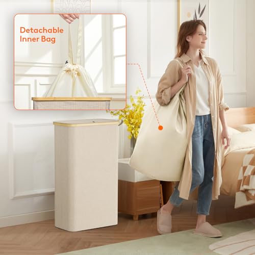 Lifewit 75L Slim Laundry Hamper with Lid, Narrow Laundry Basket with Removable Bag & Bamboo Handles, Fodable Thin Dirty Clothes Hamper for Laundry Collapsible Bin for Bathroom Bedroom Dorm, Beige - color: Beige, size: 75L