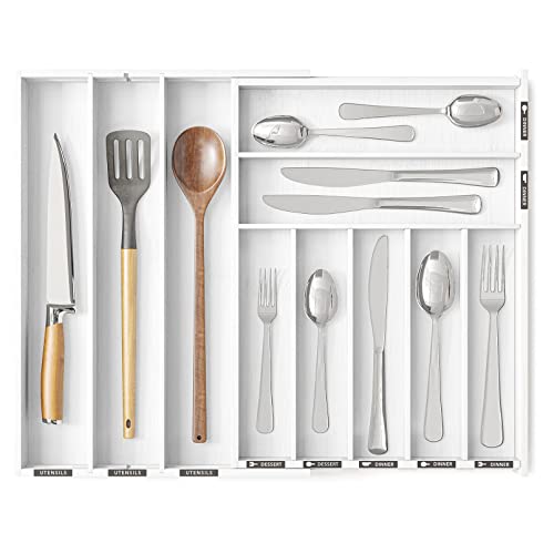 SpaceAid Bamboo Silverware Drawer Organizer with Labels, Kitchen Utensil Expandable Tray Holder Organizer for Flatware, Cutlery, Spoon and Knives Drawer Storage Organization (White, 10 Slots) - color: White