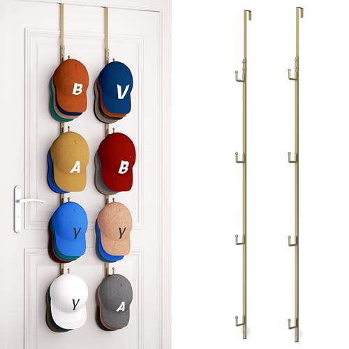 HapiRm Over Door Hat Rack - 2 Packs Hat Organizer with 8 Hooks Design, Hanging Baseball Cap Organizer Storage Holds Up to 40 Caps for Door, Bedroom, Closet (Gold) - color: Gold, size: 2 Pack