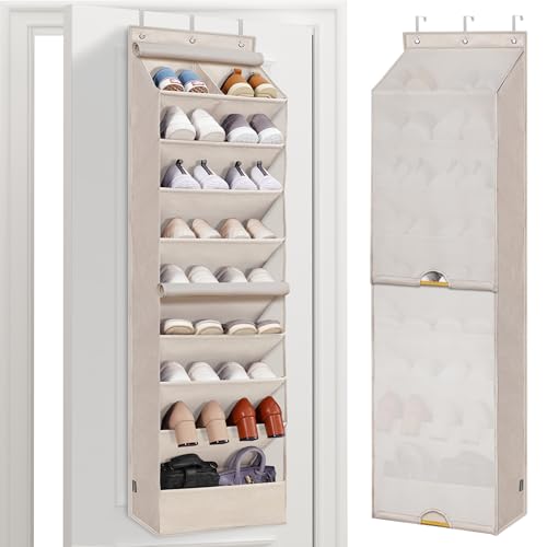 STORAGE MANIAC Over the Door Shoe Organizer with Curtain Dustproof Heavy-Duty Large Deep Pocket Hanging Shoe Organizer for Closet Dorm & Narrow Door Storage Shoe Holder Shoe Rack, 9-Shelf Beige 1 Pack - color: Beige, size: 9-Shelf