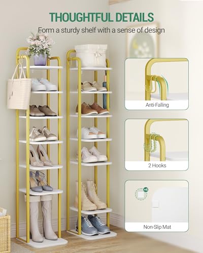 Hzuaneri 8 Tiers Vertical Shoe Rack, Narrow Shoe Tower, Tall Shoes Shelf with 2 Hooks, Adjustable Shelves, Corner Shoes Shelves for Small Spaces, Entryway, Living Room, White Gold SR04313A - color: White Gold, size: 8 Tier(11.8"D x 10.4"W x 53.2"H)