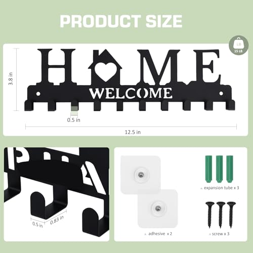 Key Holder Wall Mount, Metal Adhesive Key Hanger with 10 Hooks, 2 Installation Methods, Black - style: 10 Hooks