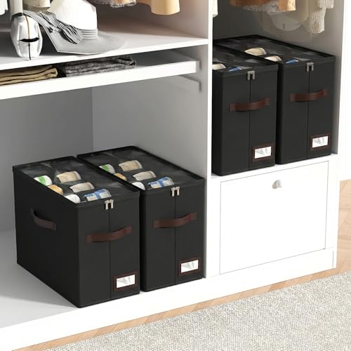 OIAHOMY 4 Pack Shoe Organizer for Closet, Foldable Shoe Storage Bins with Adjustable Dividers, Stackable Oxford Cloth Sneaker Boxes for Entryway Bedroom, Fits Up to 32 Pairs, Black - color: Black, size: 4 Pack