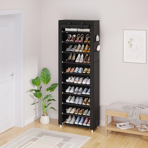 UDEAR 10-Tier Free Standing Shoe Rack Sturdy Shoe Rack Organizer for Closet Entryway Stackable Shoe Shelf with Dustproof Cover,Black - color: Black