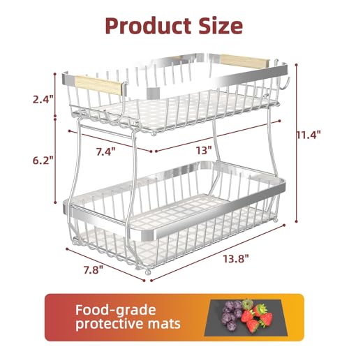Sevenblue 2 Tier Large Fruit Basket for Kitchen Counter with 2 Mobile Banana Hangers, 2026 Pro Detachable Metal Fruit Bowl with Wooden Handle (Silver, 2 Tier) - color: Silver, size: 2 Tier
