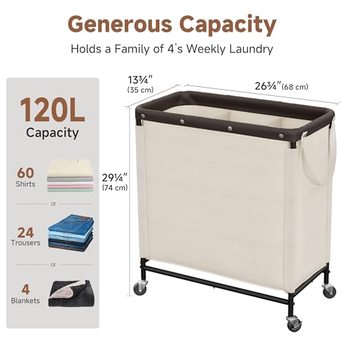 StorageWorks 3 Section Laundry Hamper, Rolling Laundry Cart with Wheels and Handles, Laundry Room Double Sorter for Organizer and Storage, 31.7 Gal(120L), Beige - color: Beige, size: 120L(3-Section)