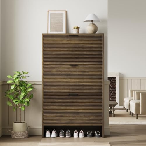 Garvee Shoe Storage Cabinet for Entryway, Fluted Shoe Cabinet with 3 Flip Drawers Doors, 32" Wide Hidden Shoe Rack Tall Freestanding Shoe Organizer for Entrance, Hallway, Living Room, Walnut - color: Walnut, size: 3 Drawers