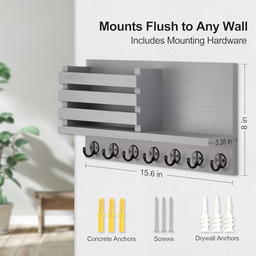 Lwenki Key Holder for Wall – Decorative Wooden Mail Holder and Key Shelf with Mounting Hardware, Installation Guide – Paulownia Wood with Metal Key Hooks (Gray, Extra Large - 15.6inch) - color: Gray, size: Extra Large - 15.6inch