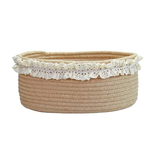 Yimi's Dream Baskets for Gifts Empty, Small Brown Storage Basket for Shelves, Decorative Jute Woven Basket for Nursery, Baby Shower, Christmas, Families (Oval, 12"x 8"x 5") - color: brown with lace, size: Oval - 12"x8"x5"