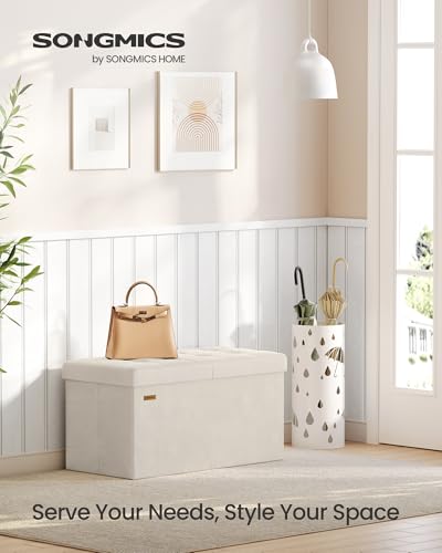 SONGMICS Mazie Collection - 30 Inches Storage Ottoman, Foldable Storage Bench with Flipping Lid, 660 lb Load Capacity, for Entryway, Living Room, Bedroom, Velvet Fabric, Cream White ULSF048LH01 - color: Cream White, size: 15"D x 30"W x 15"H