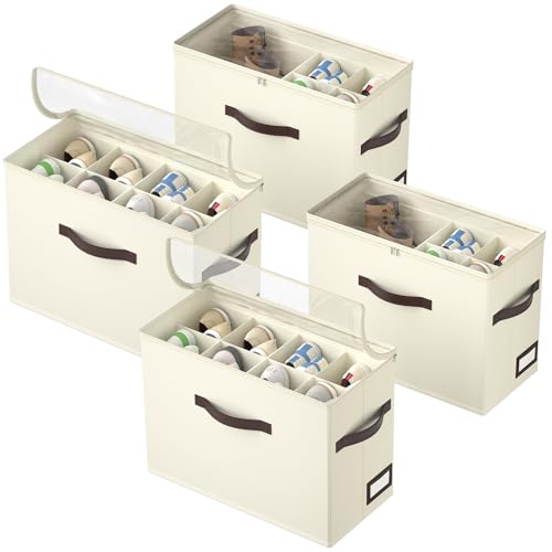 OIAHOMY 4 Pack Shoe Organizer for Closet, Foldable Shoe Storage Bins with Adjustable Dividers, Stackable Oxford Cloth Sneaker Boxes for Entryway Bedroom, Fits Up to 32 Pairs, Beige - color: Beige, size: 4 Pack