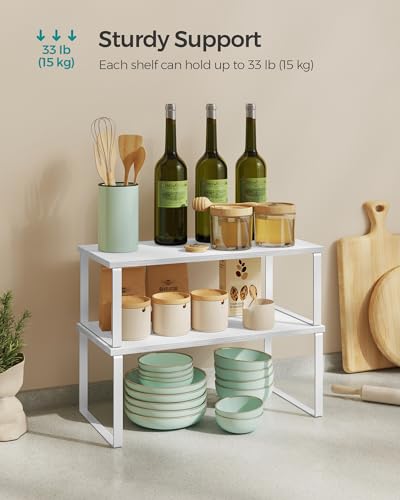 SONGMICS Cabinet Organizer Shelf, Set of 4 Kitchen Counter Shelves, Kitchen Storage, Spice Rack, Stackable, Expandable, Metal and Engineered Wood, Cloud White and Snow White UKCS028W01 - color: Cloud White + Snow White, size: 15.6"W