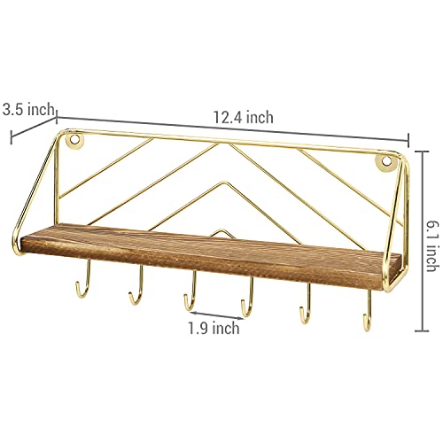 MyGift 12.5 Inch Burnt Solid Wood Hanging Display Shelf and Key Holder Rack, Wall Mounted Entryway Organizer with Brass Tone Metal Wire Chevron Design 6 Hooks