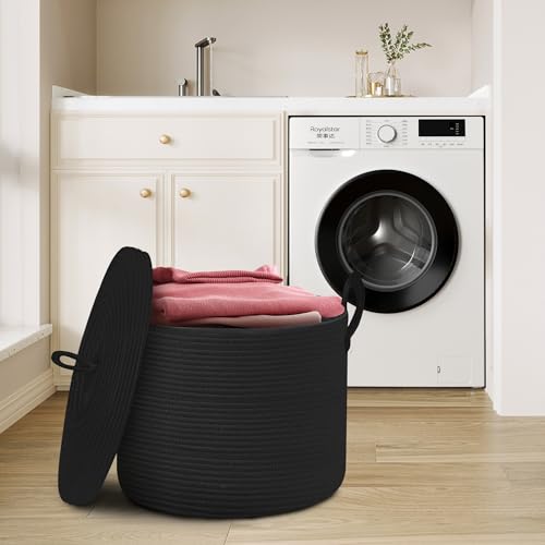 18" X 14" Large Black Basket with Lid, Cotton Rope Storage Basket for Blanket, Toy, Pillow, Towel, Living Room Bedroom Storage Bin, Wicker Woven All Black Organizing Bin with Cover - color: Full Black
