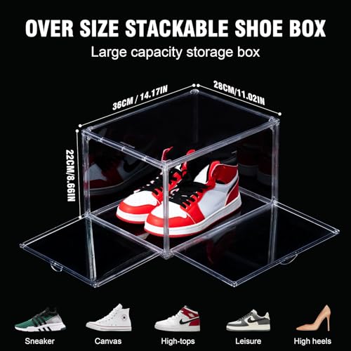 12 Pack Shoe Boxes, Clear Acrylic Stackable Plastic Sneaker Box Container, Magnetic Drop & Side Open Shoe Organizer Case Container With Lids Fits Up to Size 15(Transparency) - color: Transparency