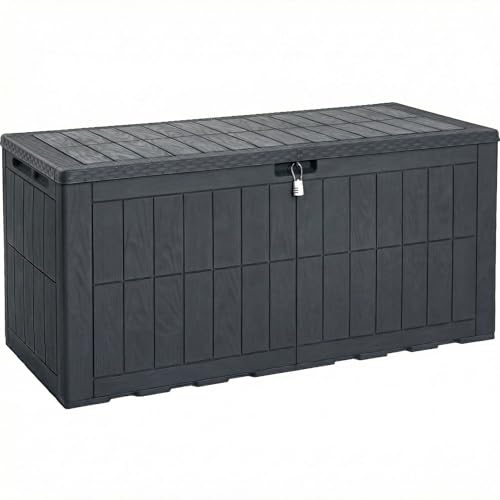 YITAHOME 134 Gallon Large Outdoor Storage Box with Lock, Waterproof Deck Box with Hydraulic Piston for Garden Tools, Pool Accessories & Cushions, Resin Deck Organizer with Bench Seat(Dark Gray) - color: Dark Gray, size: 134 Gallon, style: Deck Box