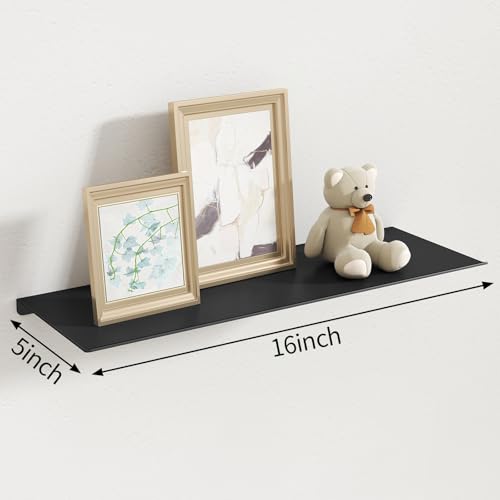 MKO 16" Floating Shelves for Wall, Long Metal Wall Mounted Shelf for Bathroom, Bedroom, Living Room, Kitchen, Display Hanging Shelves for Books/Storage/Room Decor 2 Packs, Black - color: Black, size: 16 IN