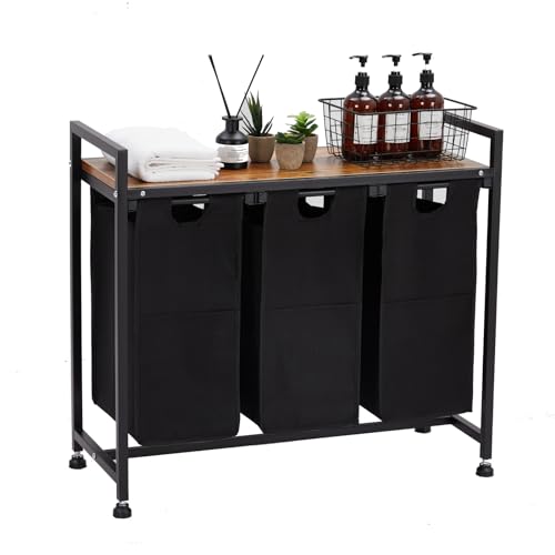 Laundry Hamper with Shelf, Laundry Basket 3 Section, Laundry Sorter, Cloest Storage and Organization, Clothes hamper with Table, for Bathroom, Bedroom, Restroom, Black - size: 33.2 x 13 x 28.4 Inches