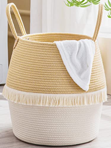 KAKAMAY Woven Baskets for Storage(17"x17"),Large Cotton Rope Woven Baby Laundry Hamper,Collapsible Laundry Basket, Blanket Basket for Organizing Living Room,Nursery,Pillows,Toy Chest(Beige) - color: Beige Fringe