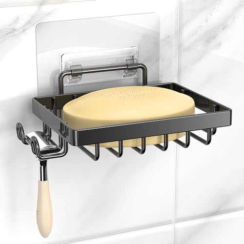 Moforoco Black Soap Dish, Soap Bar Holder for Shower, No Drilling Bathroom Accessories, Wall Mounted Soap Holder with Hooks, Shower Rack Tray Bar for Suitable for Bathroom, Kitchen Sink - color: Black, size: 1-T